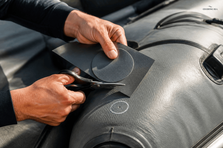 Cuting a patch for a leak on an inflatable boat
