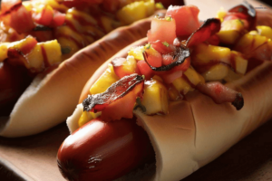 Bacon-Wrapped Hot Dogs with Grilled Pineapple Salsa